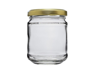 Empty jar of glass, closed with a metal lid. Isolated on white background