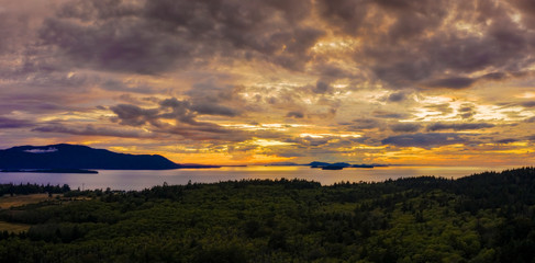 Panoramic View of the San Juan Islands of Puget Sound. Aerial shot of Orcas Island and Matia Island...