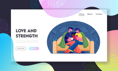 Weekend Evening Website Landing Page. Couple Spend Time at Home Sitting on Couch under Plaid Reading Book and Drinking Beverage. Love Leisure Day Off. Web Page Banner. Cartoon Flat Vector Illustration