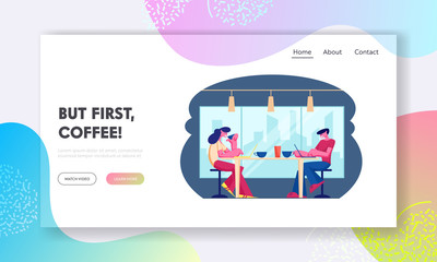 Hospitality Website Landing Page. Young People Visiting Cafe Sitting at Tables Drinking Beverages, Working on Laptops in Modern Restaurant Interior Web Page Banner. Cartoon Flat Vector Illustration