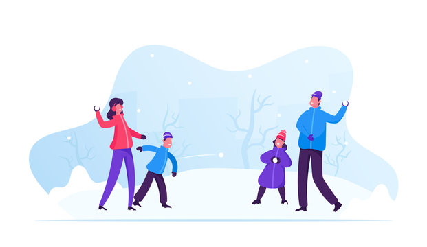 Young Happy Family of Parents and Kids Playing Snowball Fight and Having Snow Fun in Winter Day. Cheerful Mother and Father Playing Snowballs with Their Children. Cartoon Flat Vector Illustration