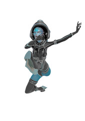 alien queen in a red sci fi outfit doing a angry jump in a white background