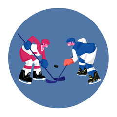 Couple of Young Men in Sports Uniform with Sticks Practicing Hockey Game. Players Stand Face to Face on Ice Rink. Male Characters Take Part in Competition Tournament. Cartoon Flat Vector Illustration