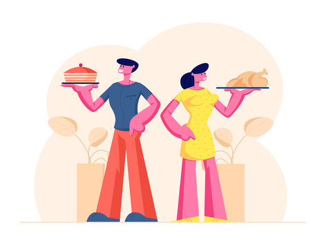 Happy Couple of Male and Female Characters Holding Trays with Home Food Bakery Cake and Fried Chicken. Husband and Wife Inviting Guests for Party or Family Event. Cartoon Flat Vector Illustration