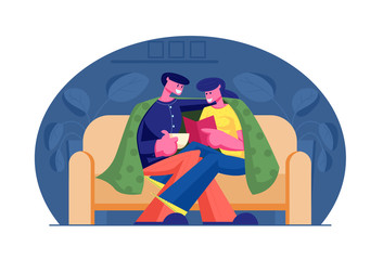 Fototapeta premium Young Loving Couple Spend Time at Home Sitting on Couch Together under Plaid Reading Book and Drinking Beverage on Weekend Evening. Love Leisure Sparetime, Day Off. Cartoon Flat Vector Illustration