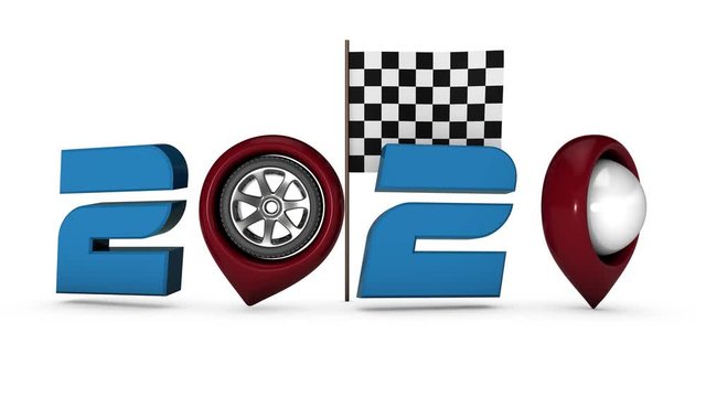 3D animation of new year 2020 date and Navigator icons with car wheels and finish flag.