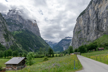 Road through the Waterfalls Valley in Lauterbrunnen Switzerland