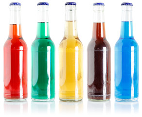 Collection of soda bottles lemonade soft drink cola beverage isolated on white