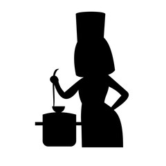 Silhouette of a woman cooking. Food cooking service. Vector black illustration on white background.