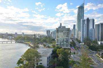 Skyscrapers and luxuries apartments in Gold Cost next to a river. Australia