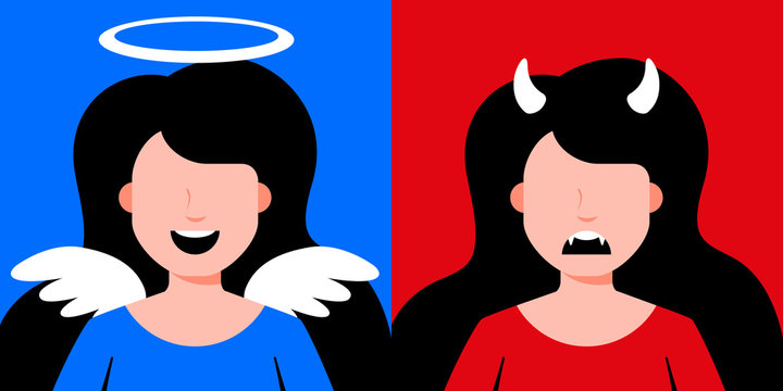 Devil and angel girls. the choice of the side of good and evil. flat character vector illustration