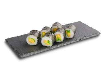 Vegetarian Sushi Rolls with avocado and rice inside wrapped in nori leaf isolated on white