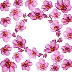Beautiful bright colors watercolor flowers frame. Pink flower composition on white background. Greeting poster, card, banner concept with copy space for text.