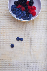 Background of fresh fruits and berries. Ripe blackberries, blueberries, plums, raspberries. Mix berries and fruits. Top view. Background berries and fruits. Black-blue and red food.