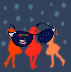 Christmas dark background of glasses with the image of Santa Claus on the background of gnomes