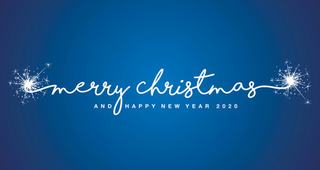 Fototapeta na wymiar Merry Christmas and Happy New Year 2020 handwritten lettering tipography sparkle firework white blue background