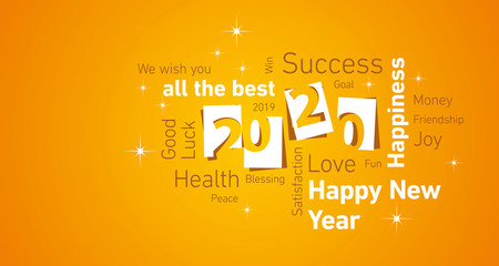 Happy New Year 2020 negative space cloud text white orange yellow vector