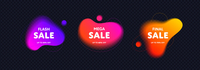 Vector neon color liquid color sale tags template set. Abstract shapes with flash, mega and final sale text frame on black background. Design special offer illustration for poster, banner