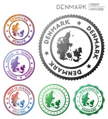 Denmark badge. Colorful polygonal country symbol. Multicolored geometric Denmark logos set. Vector illustration.