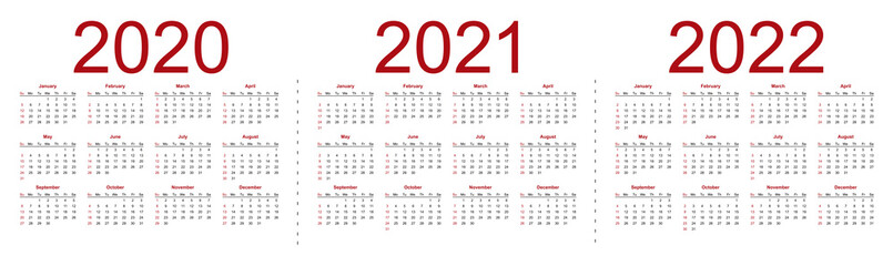 Set of minimalist calendars, years 2020 2021 2022, weeks start Sunday. Isolated vector illustration on white background.