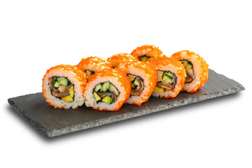Sushi Rolls with eel, avocado, flying fish caviar and cucumber inside isolated on white background.