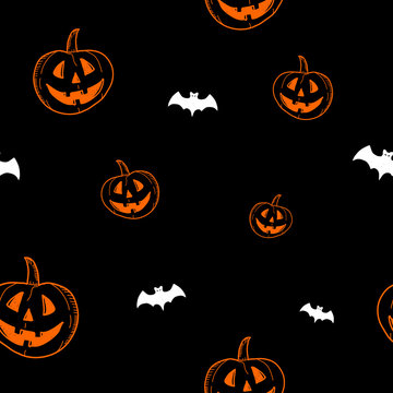 Halloween hand drawn seamless pattern on black background. Pumpkins and bats