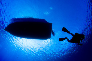 Silhouette shot of divers underneath a boat. The sun can be seen in the sky above the deep blue water. 