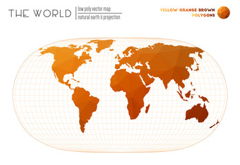 Low poly world map. Natural Earth II projection of the world. Yellow Orange Brown colored polygons. Elegant vector illustration.