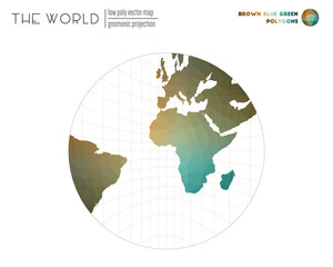 Low poly world map. Gnomonic projection of the world. Brown Blue Green colored polygons. Stylish vector illustration.