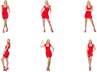Beautiful woman in red dress isolated on white