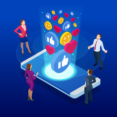Isometric Social Media and Social Network Concept with Smartphone, Marketing concept.