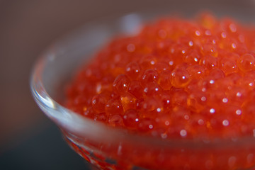 Red caviar in the glass jar close up macro