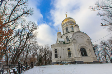 Beautiful Orthodox church in the winter at the top of the hill