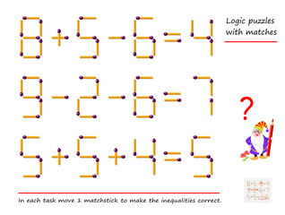 Logical puzzle game with matches. In each task move 1 matchstick to make the inequalities correct. Printable page for brain-teaser book. Developing spatial thinking. Vector image.