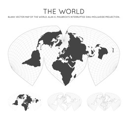 Map of The World. Alan K. Philbrick's interrupted sinu-Mollweide projection. Globe with latitude and longitude lines. World map on meridians and parallels background. Vector illustration.
