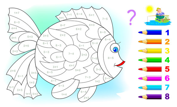 Math education for children. Coloring book. Mathematical exercises on addition and subtraction. Solve examples and paint fish. Developing counting skills. Printable worksheet for kids textbook.