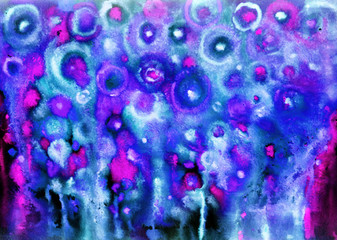 Abstract composition of circles and spots watercolor in purple and blue colors. Watercolor painting, abstract print, horizontal poster, etc. Expressive flowers, fireworks.