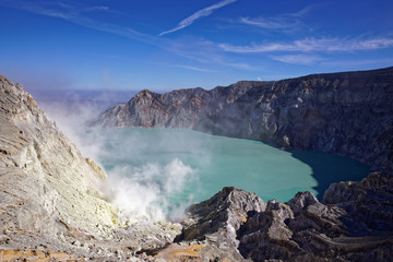 The sulfuric lake of Kawah Ijen vulcano in East Java, Indonesia