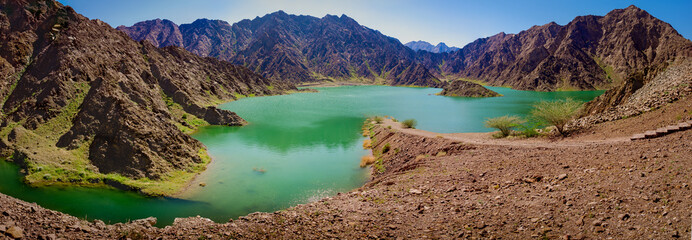Hatta dam in United Arab Emirates.- Panoramic view of the famous Hatta Dam in Dubai.