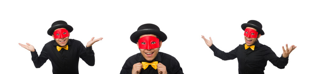 Young man in black costume and red mask isolated on white