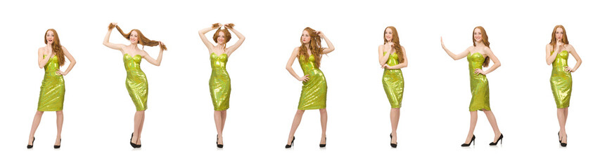 Red hair girl in sparkling green dress isolated on white