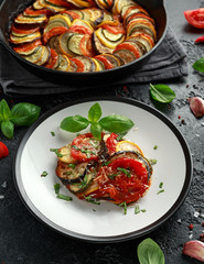 Ratatouille Vegetable Stew with zucchini, eggplants, tomatoes, garlic, onion and basil. Traditional French food.