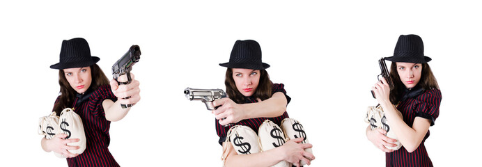 Fototapeta na wymiar Woman gangster with handgun on white