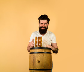 Beer in Germany. Oktoberfest festival. Craft beer at restaurant. Man tasting draft beer. Beer pub and bar. Bearded man hold glass with delicious ale. Brewery concept. Bearded man drinking ale. Brewer.