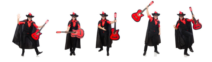 Young man in carnival coat with guitar isolated on white