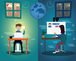 Fototapeta premium Video conference technology,Flat design of automation job interview process concept,Young woman has a job interview with human research manager via video conference,vector illustrator