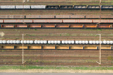 Aerial drone photography of train tracks, logistics cargo 
