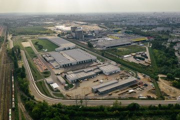 Aerial drone photography of shopping center, central europe. 