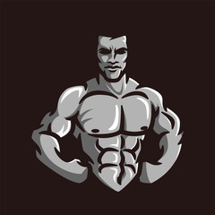 Vector of muscle man flexing show body confidence, black gray vintage retro, fitness gym bodybuilder.