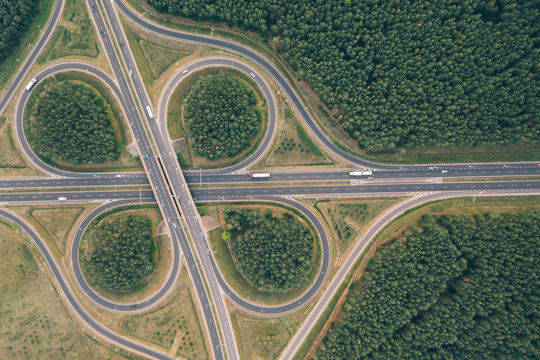 Aerial drone photography of highway intersection. 